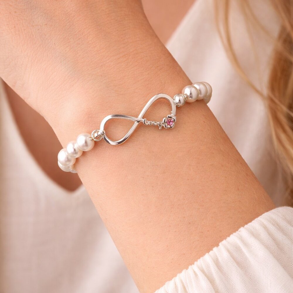 Pearl Stretch Bracelet Silver Infinity Charm Pink Rhinestone Love